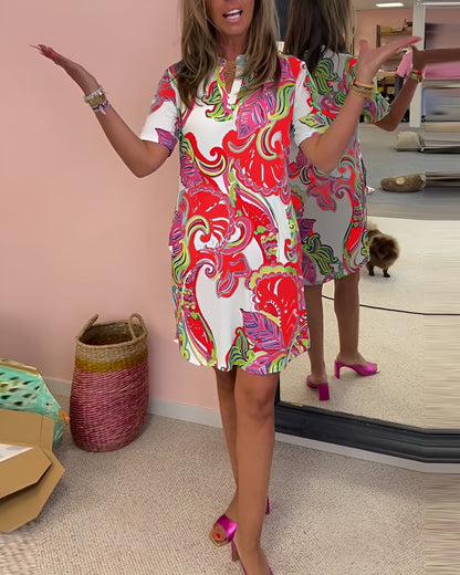 Women's V Neck Printed Dress Tummy Control Casual