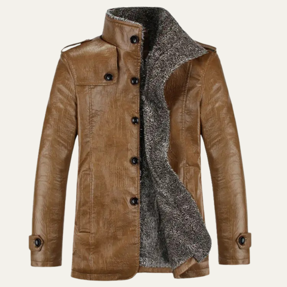 Men's Leather Fleece Lined Jacket Warm Stand Collar - Fashinoza