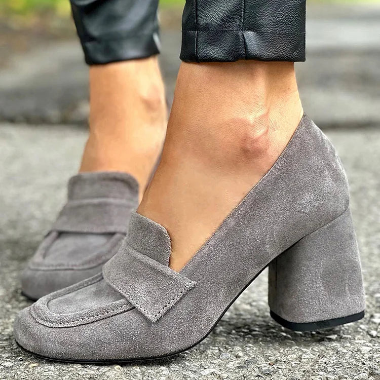 Women's Loafers Rounded Toe Block Heel - Fashinoza