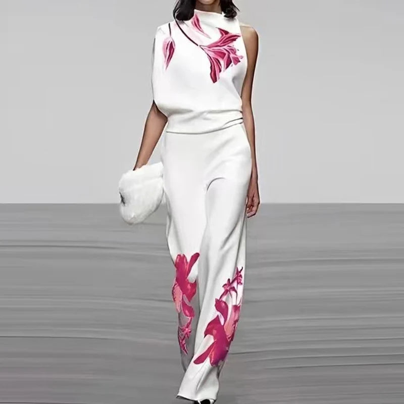 Women's Sleeveless Two Piece Printed Set High Collar - Fashinoza