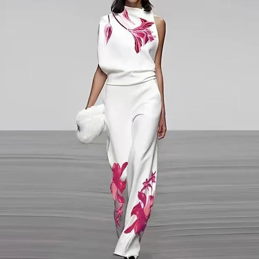 Women's Sleeveless Two Piece Printed Set High Collar - Fashinoza