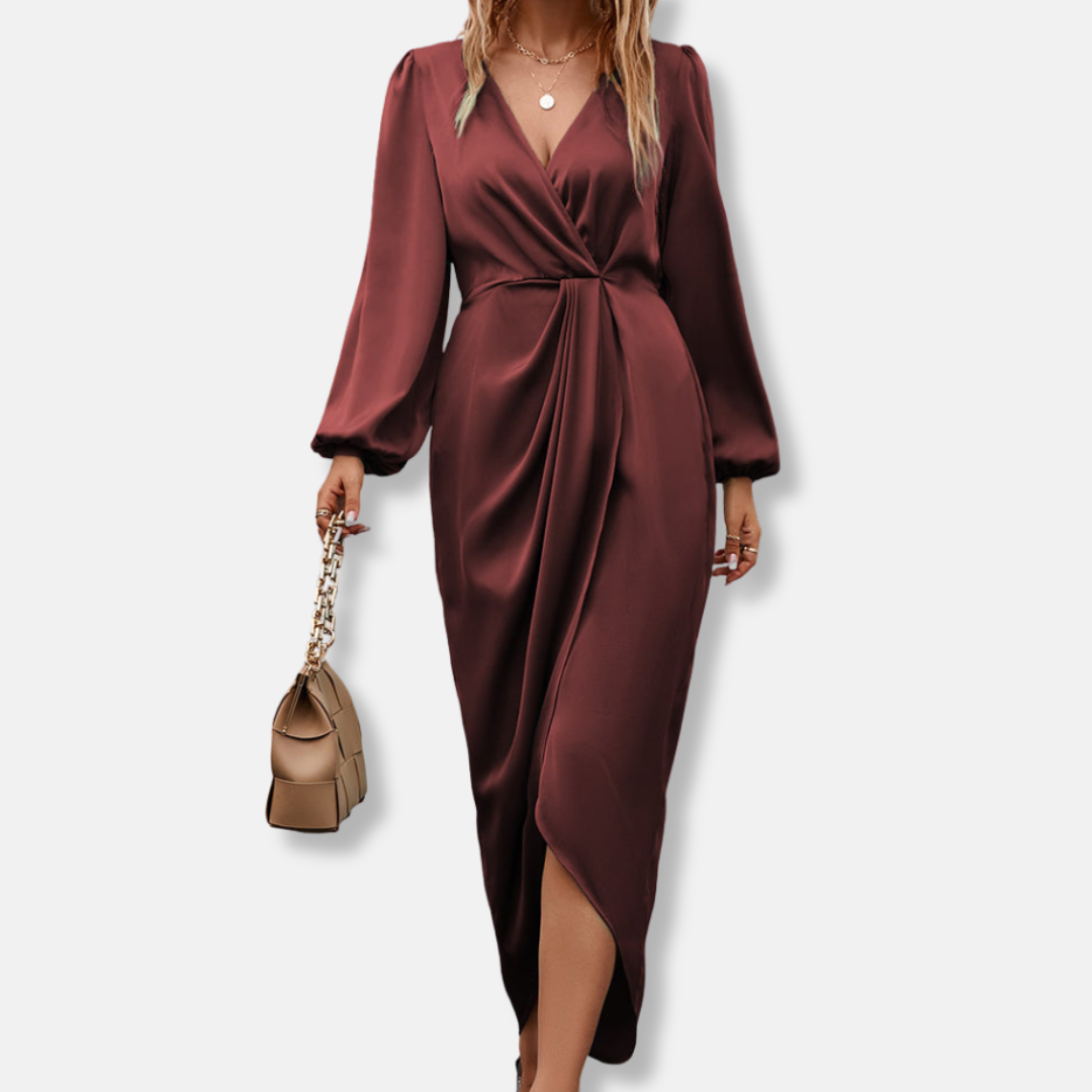 Women's Satin Midi Dress Asymmetric Hemline - 
Fashinoza