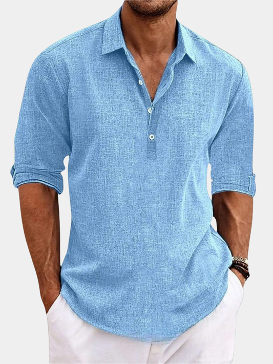 Men's Half-Button Collared Shirt Long Sleeve Roll-Up - 
Fashinoza