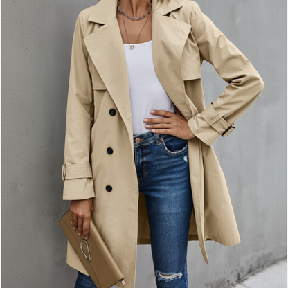 Women's Double Breasted Trench Coat Belted Knee Length - 
Fashinoza