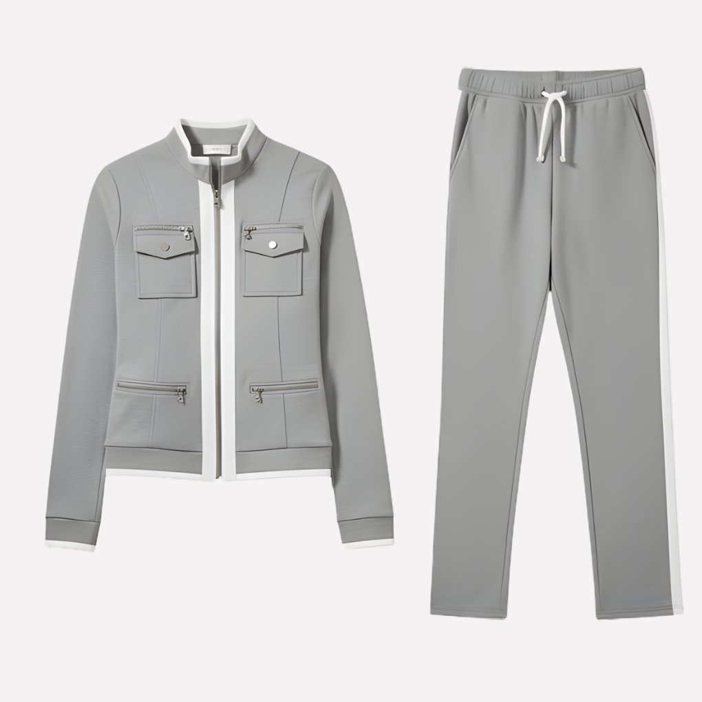 Women's Zip Jacket And Pant Set Contrast Trim - Fashinoza