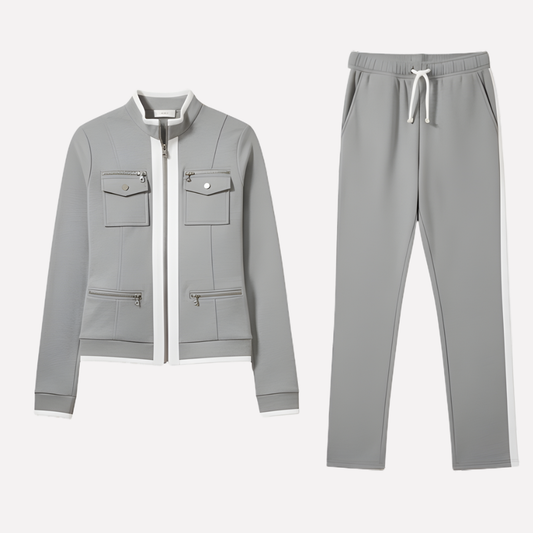 Women's Zip Jacket And Pant Set Contrast Trim - Fashinoza