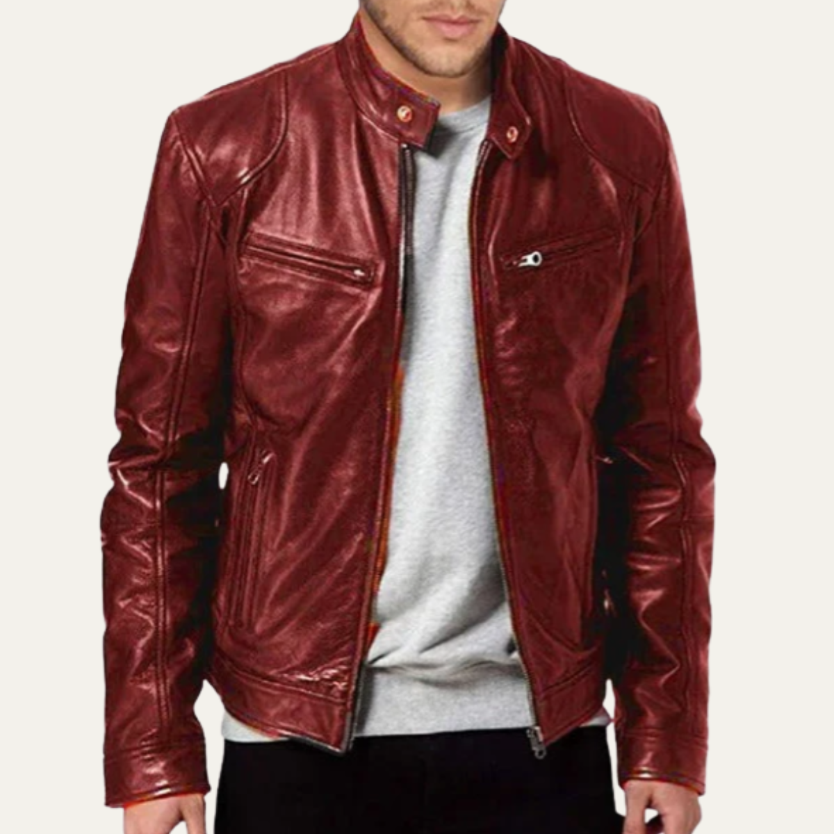 Men's Leather Biker Jacket Vintage Style Zip Up