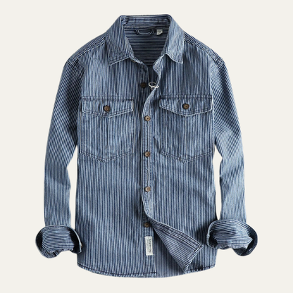Men's Denim Shirt Jacket Striped Blue - Fashinoza