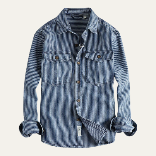 Men's Denim Shirt Jacket Striped Blue - Fashinoza