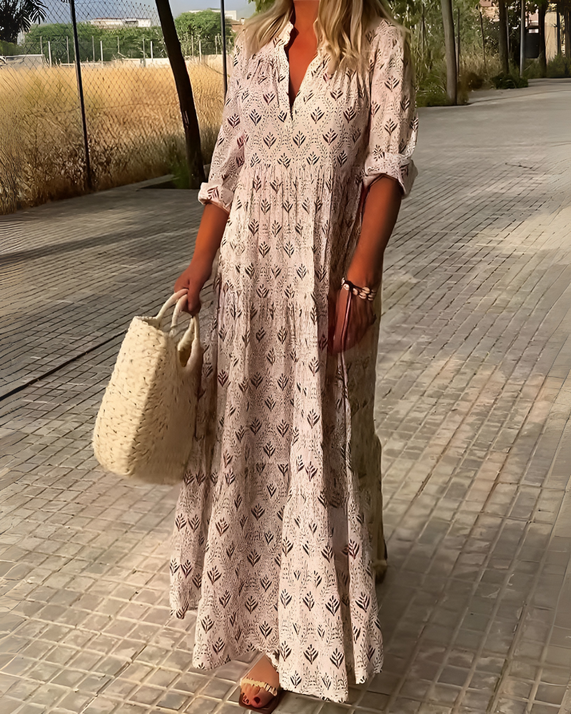 Women's Boho Long Dress Vintage Print - Fashinoza