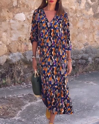 Women's V Neck Tummy Control Printed Evening Dress - Fashinoza