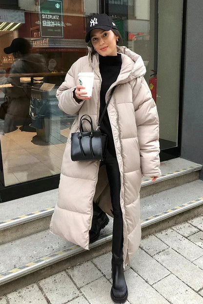 Women's Quilted Puffer Coat Long Hooded Water Resistant Black