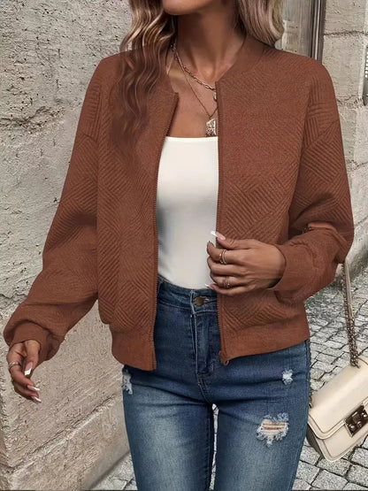 Women's Zip-Up Cardigan Textured Ribbed Hem Long Sleeves