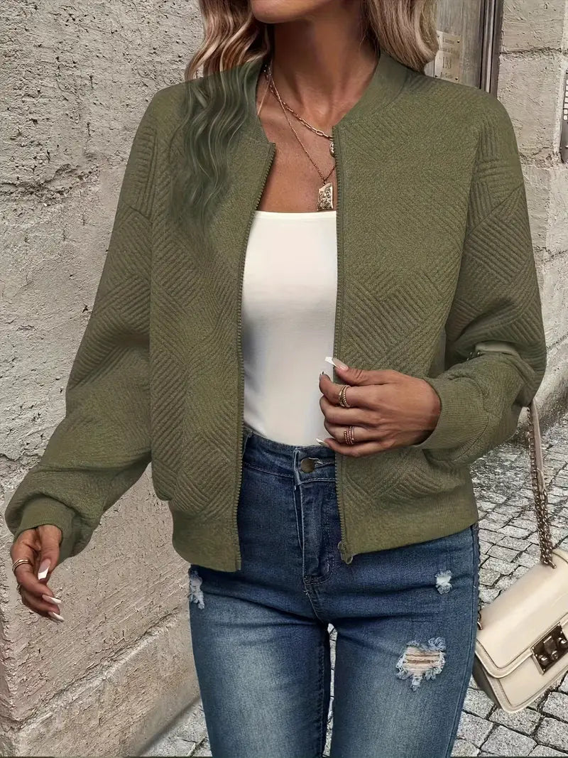 Women's Zip-Up Cardigan Textured Ribbed Hem Long Sleeves
