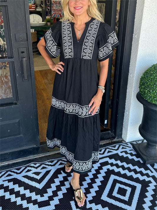 Women's Midi Dress Cotton Embroidered Short Sleeve - 
Fashinoza
