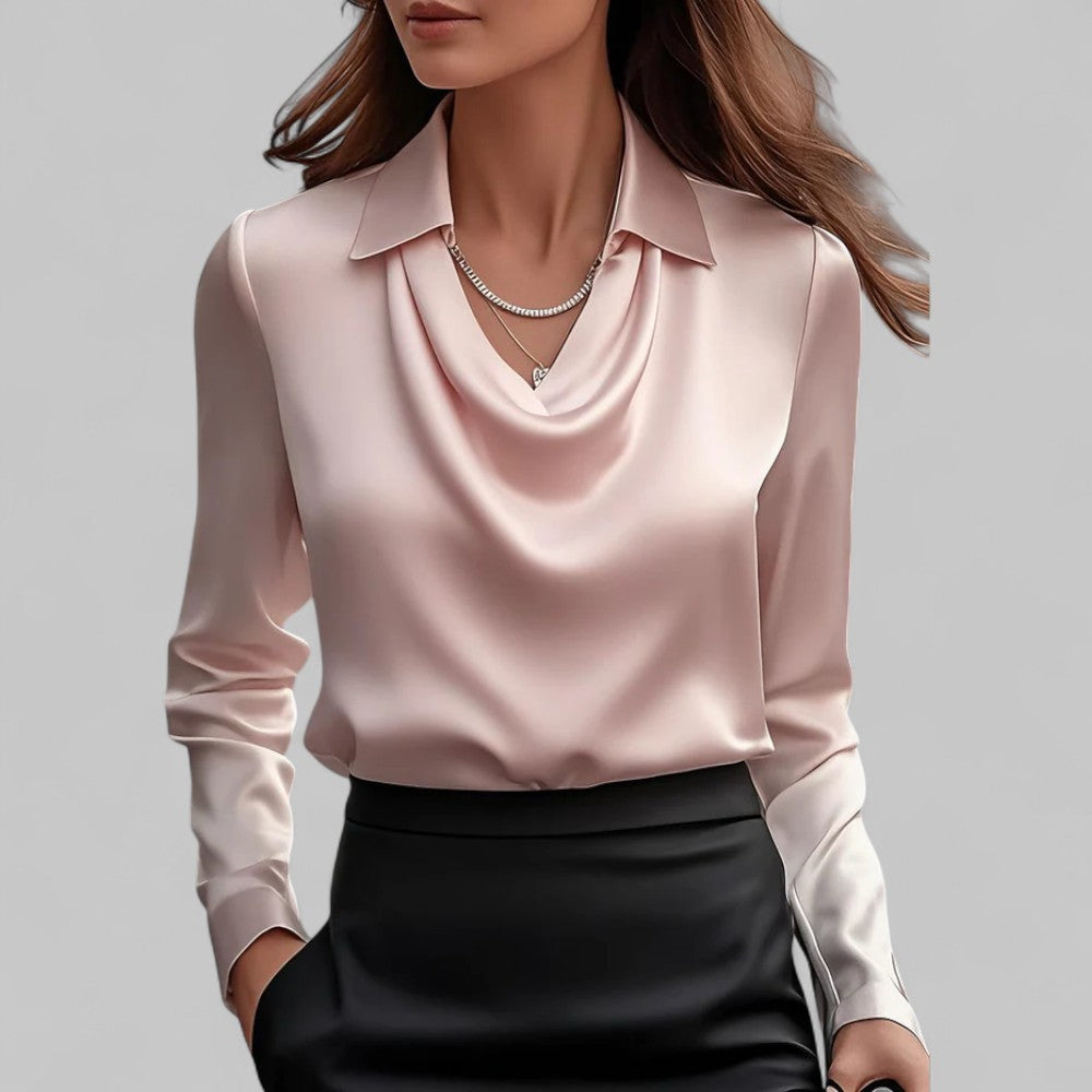 Women's Long Sleeve Blouse Glossy Cowl Neck