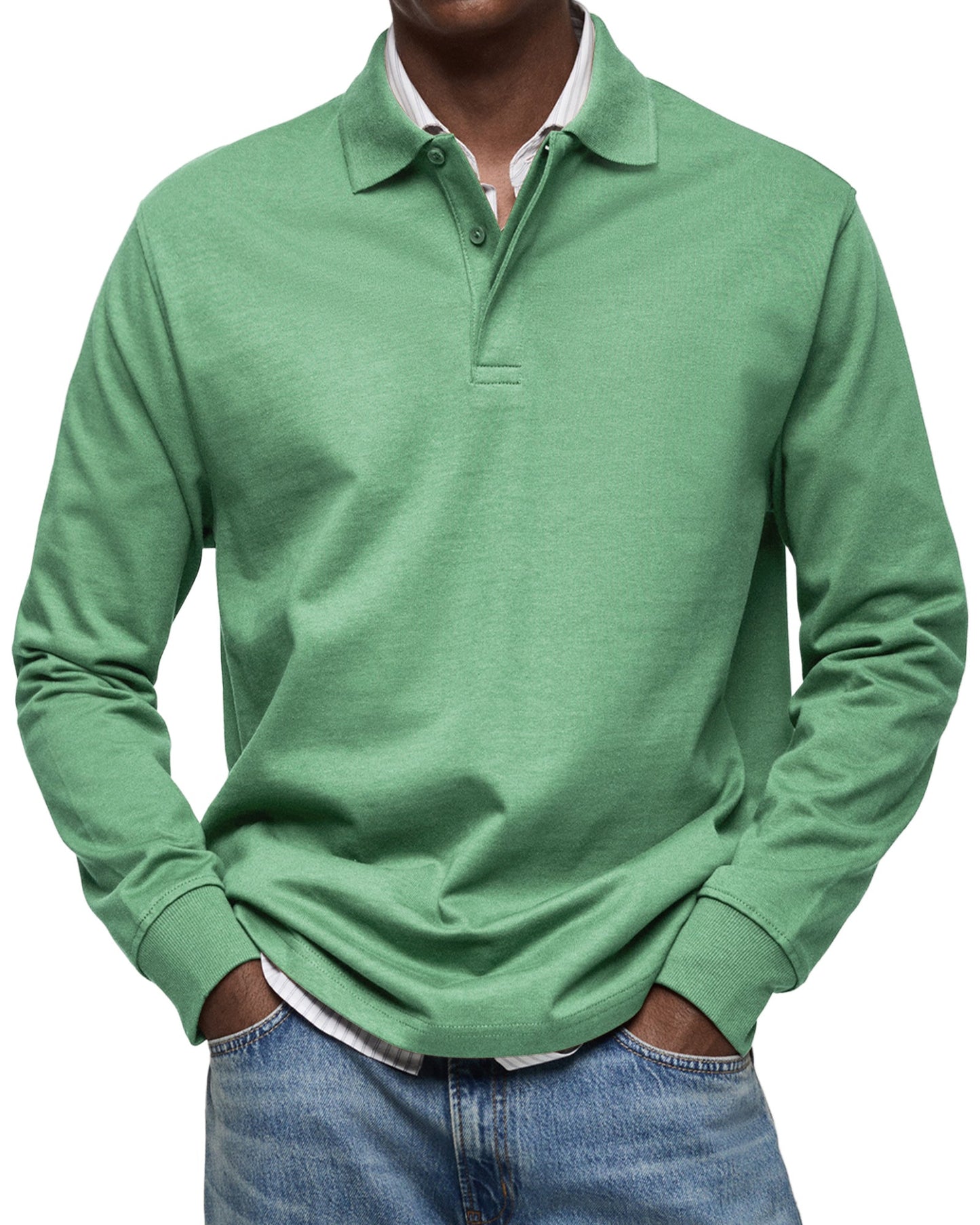 Men's Long-Sleeve Polo Shirt Cotton Button Collar