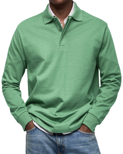 Men's Long-Sleeve Polo Shirt Cotton Button Collar