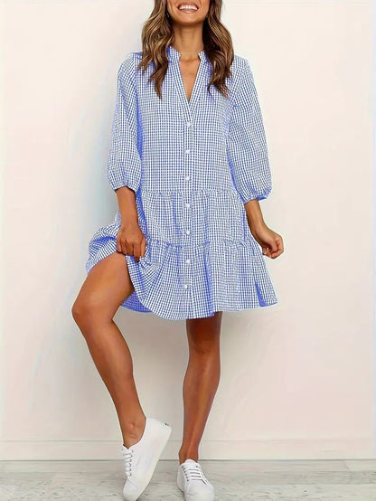 Women's Gingham Mini Dress 3/4 Sleeve Button Down