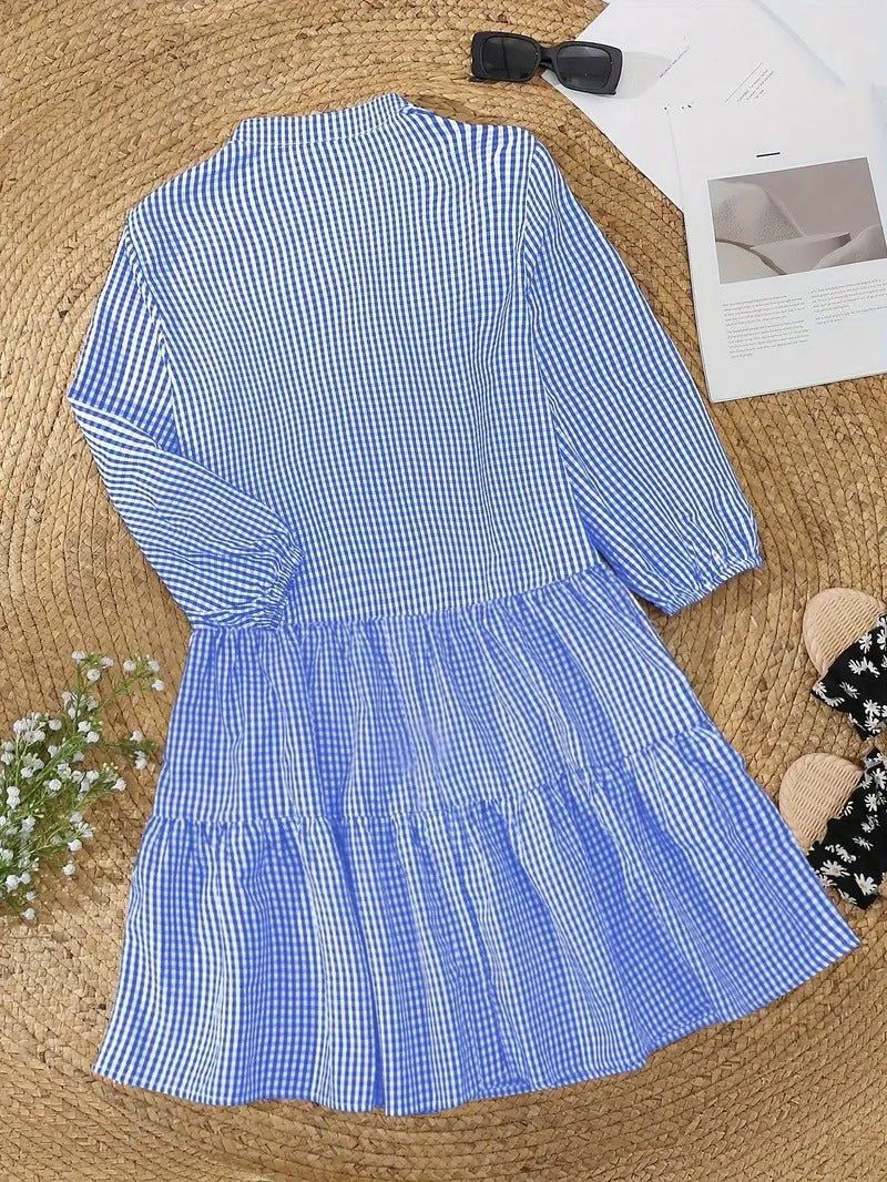 Women's Gingham Mini Dress 3/4 Sleeve Button Down