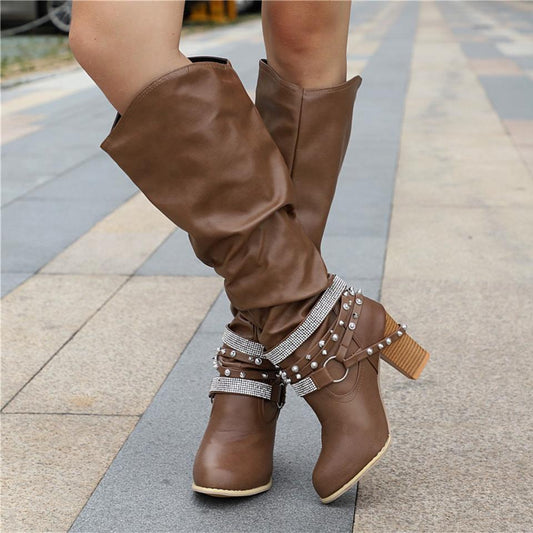 Women's Mid Calf Boots Buckle Closure - Fashinoza