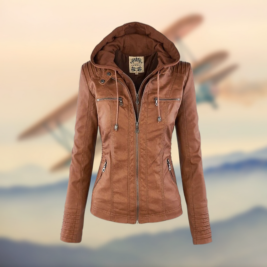 Women's Leather Jacket Fitted Hooded Zipper Black - Fashinoza