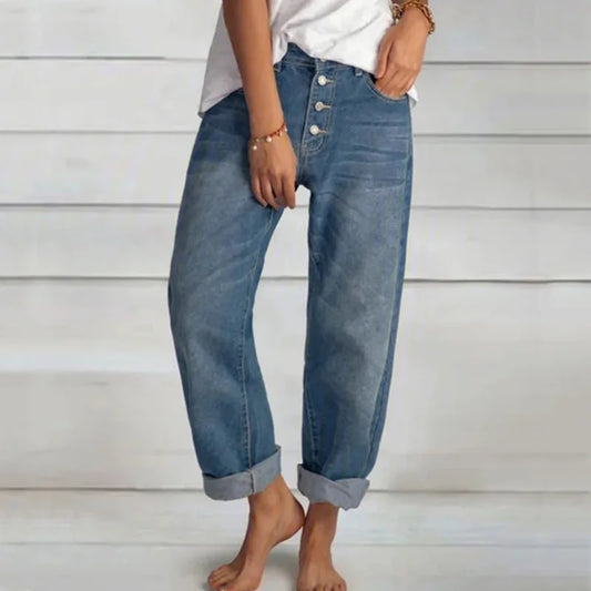 Women's Button Front Jeans Rolled Cuff Denim Blue - 
Fashinoza