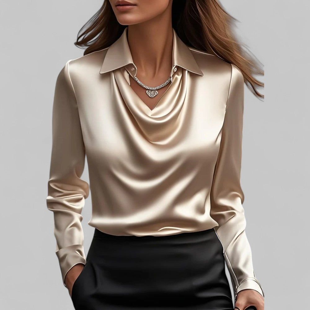Women's Long Sleeve Blouse Glossy Cowl Neck