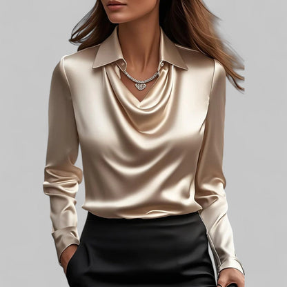 Women's Long Sleeve Blouse Glossy Cowl Neck