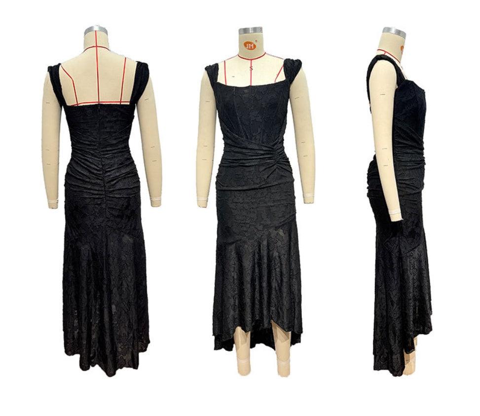 Fitted Square-Neck Black Midi Gown