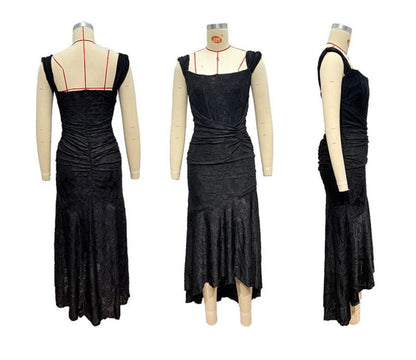 Fitted Square-Neck Black Midi Gown