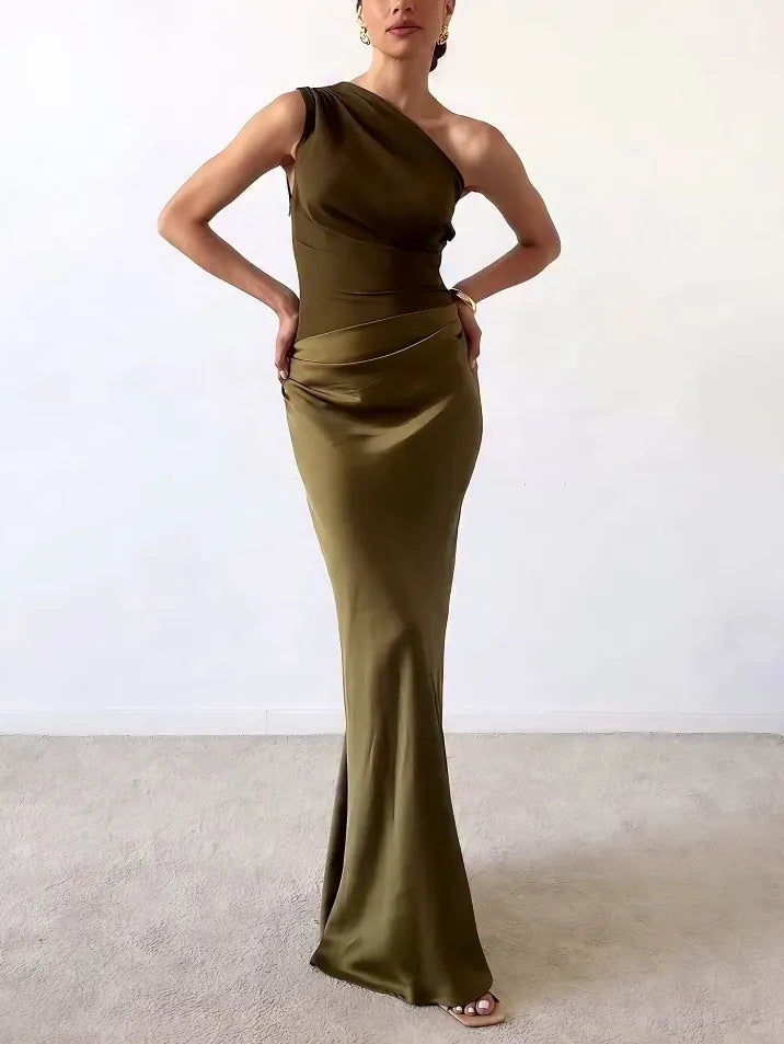 Women's One Shoulder Pleated Maxi Dress