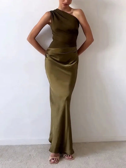 Women's One Shoulder Pleated Maxi Dress
