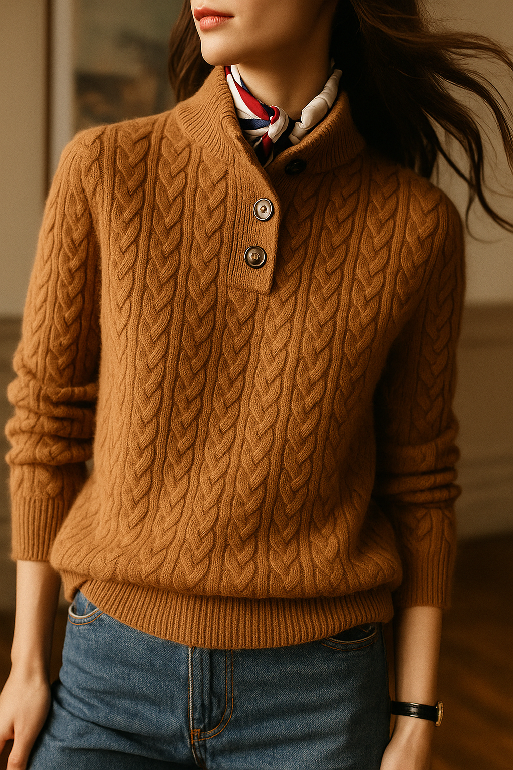 Cable-Knit Button Collar Sweater