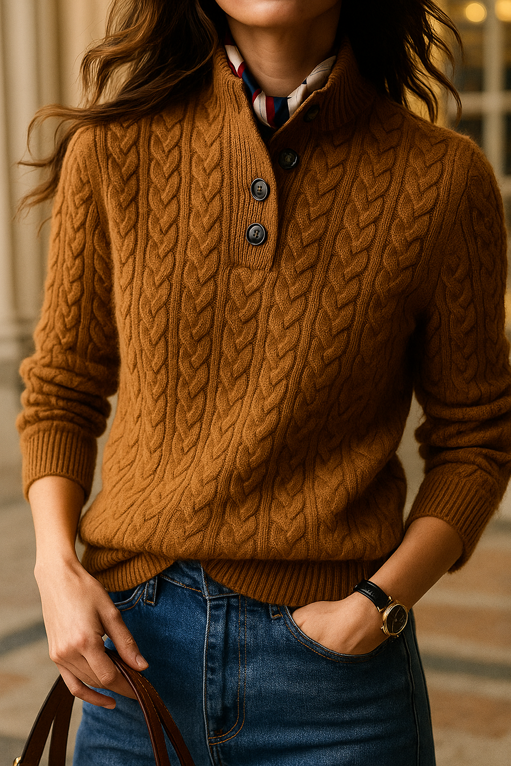 Cable-Knit Button Collar Sweater