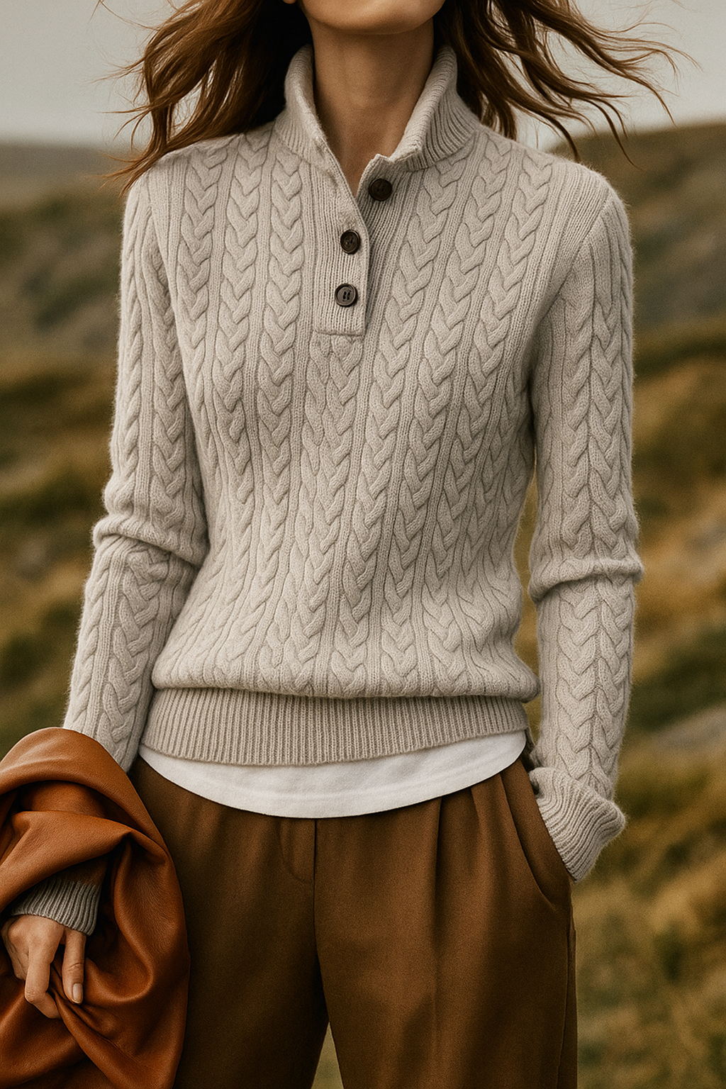 Cable-Knit Button Collar Sweater