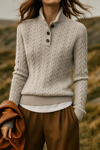 Cable-Knit Button Collar Sweater