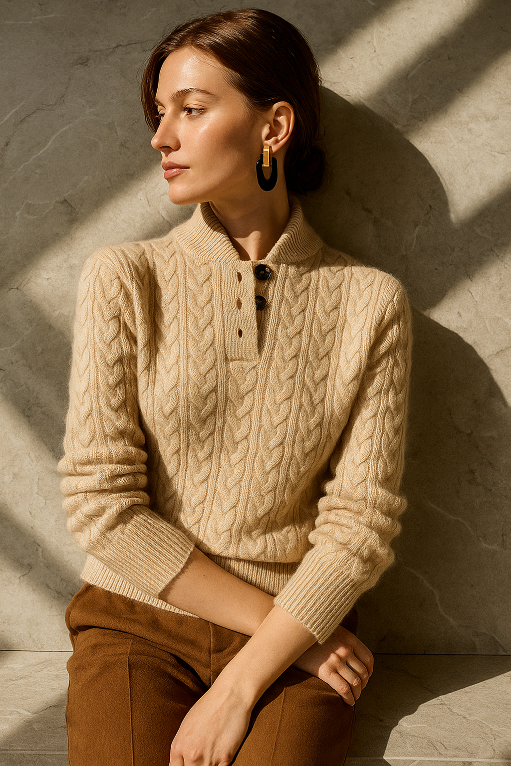 Cable-Knit Button Collar Sweater