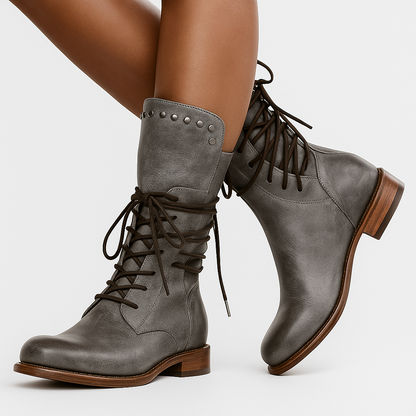 Women's Mid-Calf Boots Lace-Up Stud Detail