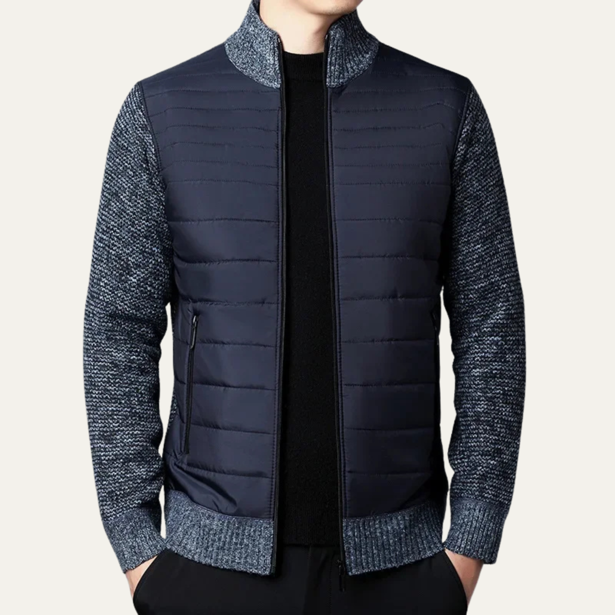 Men's Cotton Quilted Cardigan Zip Up Padded Navy