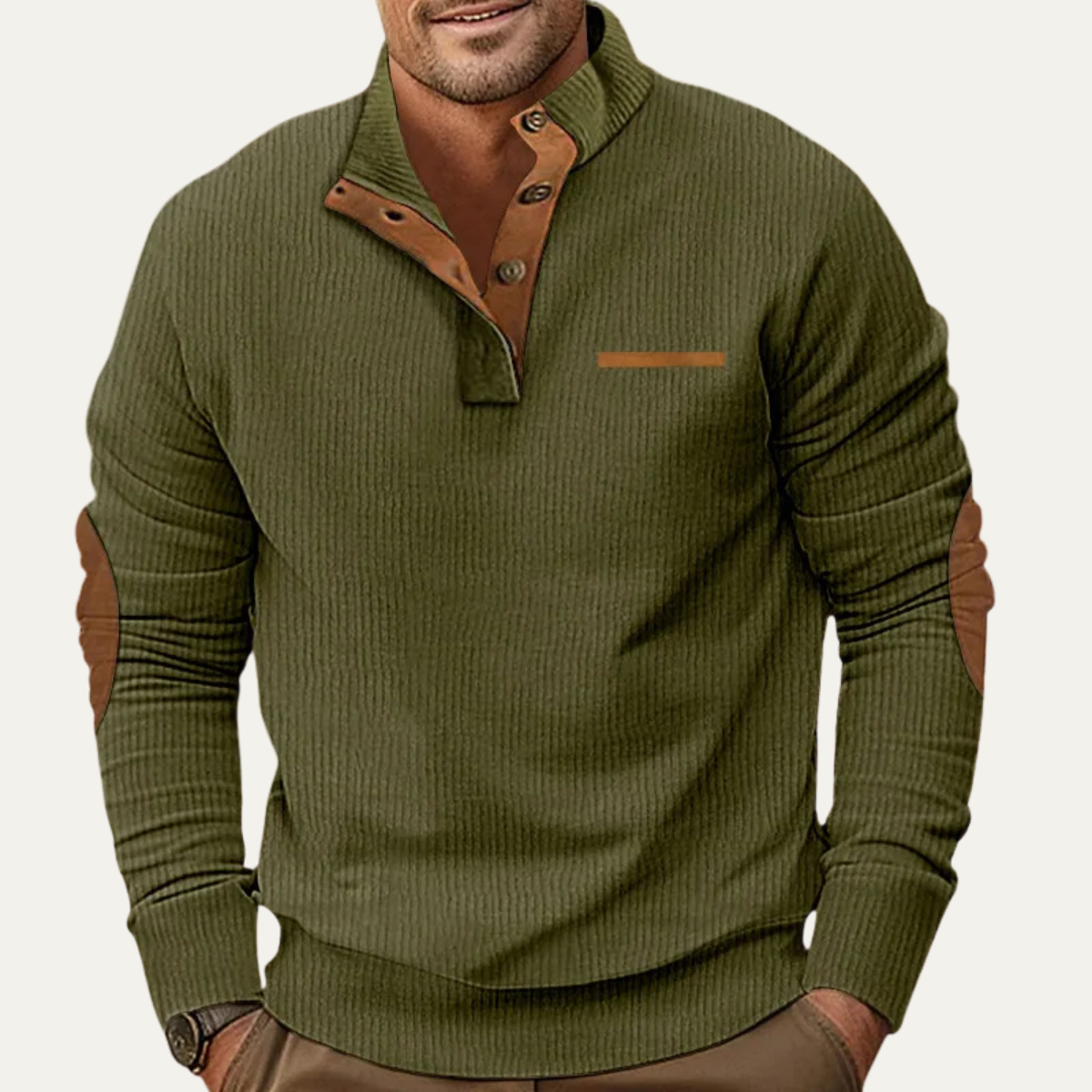 Men's Retro Corduroy Sweater Button Neck Patch Details