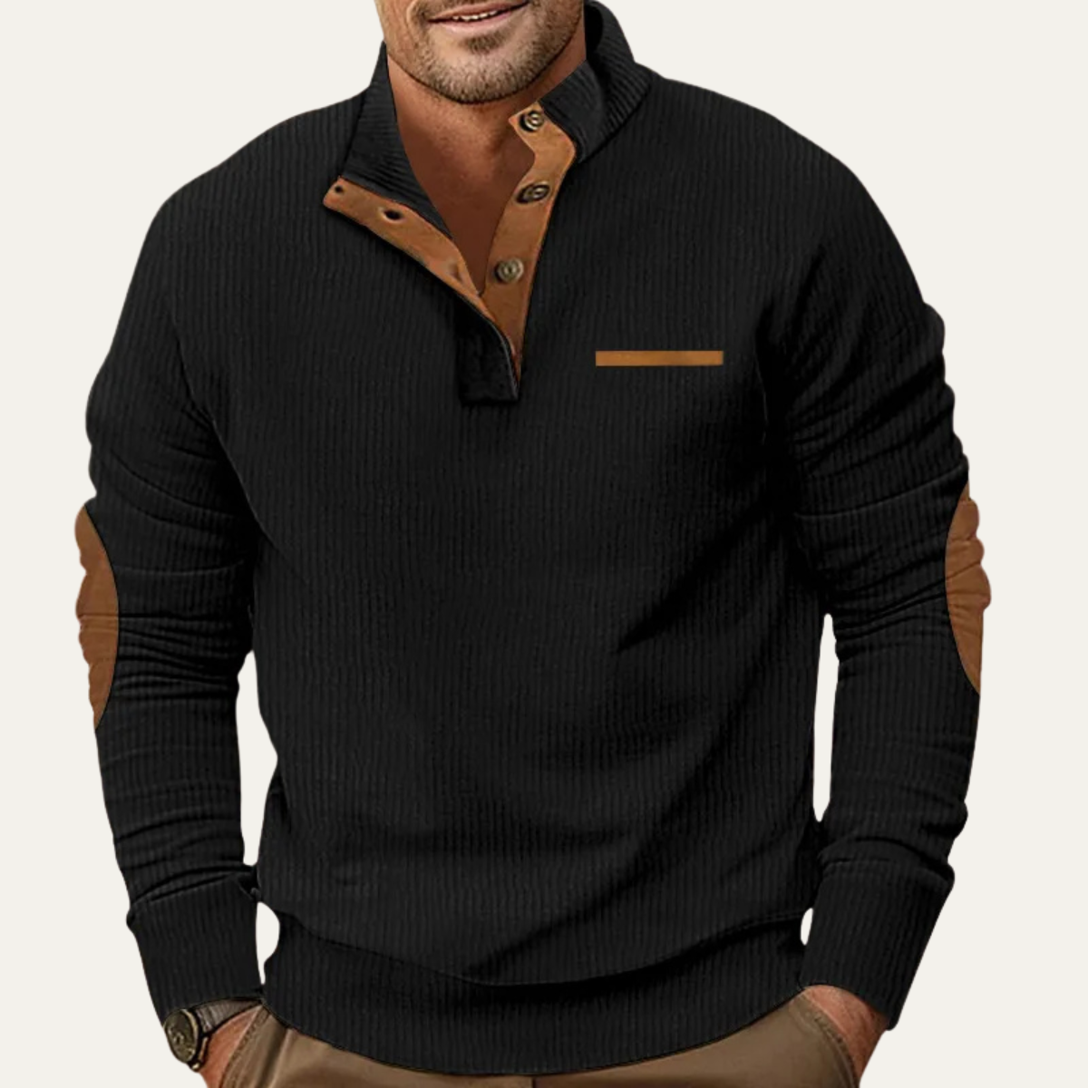 Men's Retro Corduroy Sweater Button Neck Patch Details