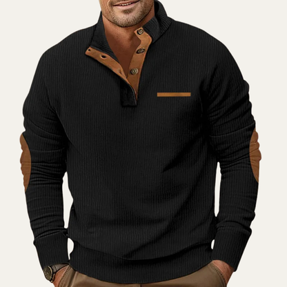 Men's Retro Corduroy Sweater Button Neck Patch Details