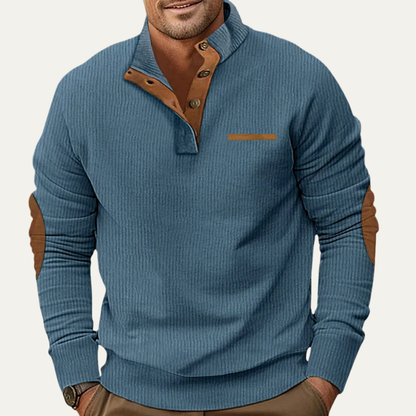 Men's Retro Corduroy Sweater Button Neck Patch Details