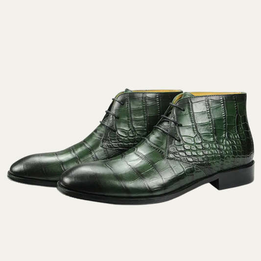 Men's Leather Lace-Up Boots Crocodile Pattern Brown - Fashinoza
