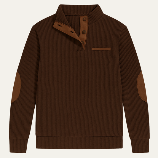Men's Vintage Corduroy Sweater Button Neck Patch Details - Fashinoza