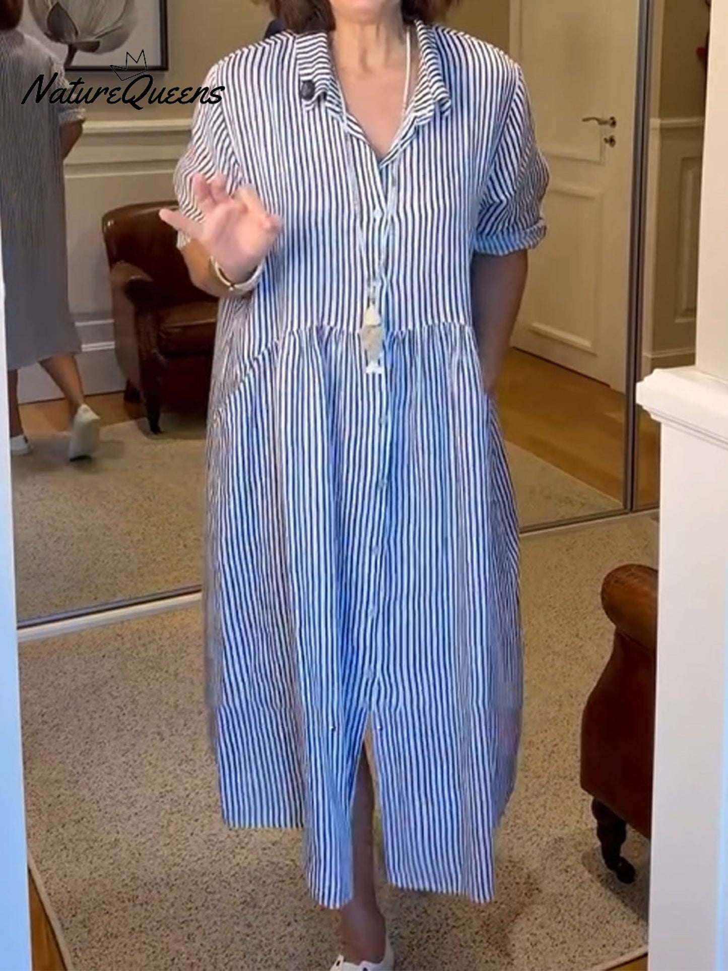Women's Casual Striped Cotton and Linen Shirt Dress
