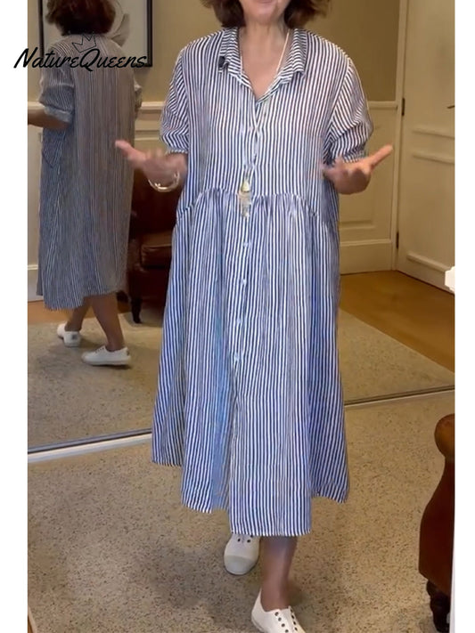 Women's Casual Striped Cotton and Linen Shirt Dress