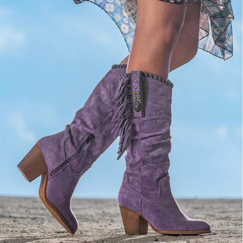 Women's Cowboy Boots Fringe Detail Block Heel Brown