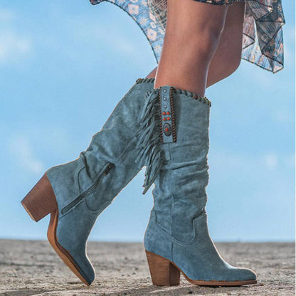 Women's Cowboy Boots Fringe Detail Block Heel Brown